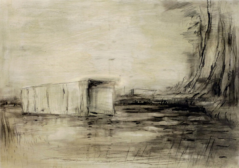 Embankment, 2013, Kohle und Kreide auf Papier, 40 x 59 cm