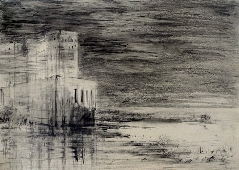 Aus der Reihe Visionäre Orte, 2012, Graphit, Kohle, Kreide auf Papier, 40 x 59 cm